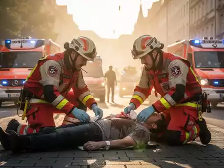 Erschöpfte Sanitäter kümmern sich bei extremer Hitze um einen Patienten auf einer überfüllten deutschen Stadtstraße. - Foto: über boerse-global.de