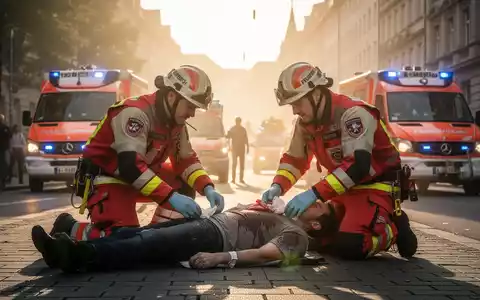 Erschöpfte Sanitäter kümmern sich bei extremer Hitze um einen Patienten auf einer überfüllten deutschen Stadtstraße. - Foto: über boerse-global.de