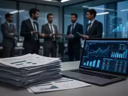 Ein Stapel Finanzdokumente und ein Laptop mit Diagrammen in einem modernen Büro, das die Komplexität von Nachhaltigkeitsberichten und Schuldenkosten darstellt. - Foto: über boerse-global.de