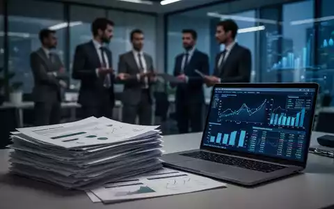 Ein Stapel Finanzdokumente und ein Laptop mit Diagrammen in einem modernen Büro, das die Komplexität von Nachhaltigkeitsberichten und Schuldenkosten darstellt. - Foto: über boerse-global.de