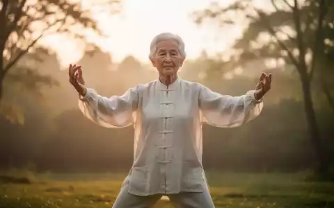 Eine ältere Person übt Qigong bei Sonnenaufgang, wobei ihre ruhigen Bewegungen von weichem, goldenem Licht beleuchtet werden. - Foto: über boerse-global.de