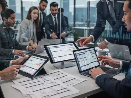 Finanzprüfer analysieren Dokumente und Daten in einem modernen Büro. Fokus auf Zusammenarbeit und Technologie im Audit-Bereich. - Foto: über boerse-global.de
