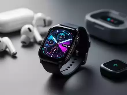 Nahaufnahme einer modernen Smartwatch mit verschwommenem technischem Zubehör im Hintergrund, das persönliche Elektronik darstellt. - Foto: über boerse-global.de