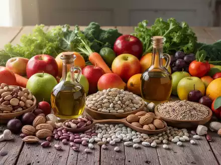 Eine Nahaufnahme einer Auswahl an gesunden Lebensmitteln wie Obst, Gemüse, Nüssen und Hülsenfrüchten auf einem Holztisch. - Foto: über boerse-global.de