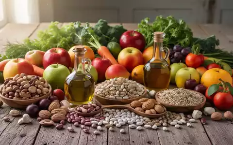 Eine Nahaufnahme einer Auswahl an gesunden Lebensmitteln wie Obst, Gemüse, Nüssen und Hülsenfrüchten auf einem Holztisch. - Foto: über boerse-global.de