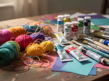 Nahaufnahme eines Basteltisches mit verschiedenen Kunstmaterialien wie bunten Fäden, Farbtuben und Pinseln, weich beleuchtet. - Foto: über boerse-global.de