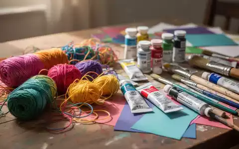 Nahaufnahme eines Basteltisches mit verschiedenen Kunstmaterialien wie bunten Fäden, Farbtuben und Pinseln, weich beleuchtet. - Foto: über boerse-global.de