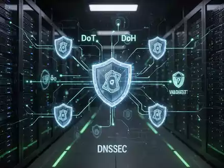Abstrakte digitale Darstellung sicherer DNS-Protokolle mit leuchtenden Linien zwischen Serverracks und abgeschirmten Datenpaketen. - Foto: über boerse-global.de