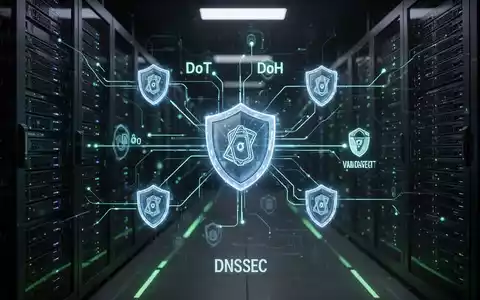 Abstrakte digitale Darstellung sicherer DNS-Protokolle mit leuchtenden Linien zwischen Serverracks und abgeschirmten Datenpaketen. - Foto: über boerse-global.de