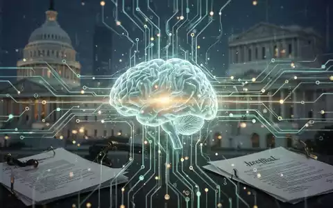 Abstrakte Darstellung eines KI-Gehirns mit Datenströmen, umgeben von Regierungsgebäuden und Rechtsdokumenten, die KI-Regulierung symbolisieren. - Foto: über boerse-global.de