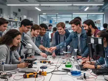 Studenten arbeiten in einem modernen Maker Space oder Labor, nutzen Werkzeuge und Computer für experimentelles Lernen. - Foto: über boerse-global.de