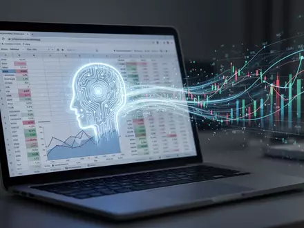 Ein stilisiertes, leuchtendes KI-Agenten-Symbol über einer Tabellenkalkulation auf einem Laptop-Bildschirm, mit Finanzdaten, die digital einfließen. - Foto: über boerse-global.de