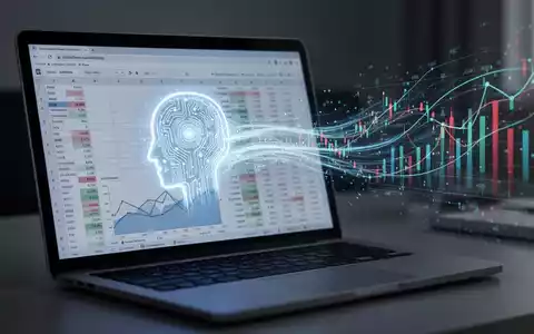 Ein stilisiertes, leuchtendes KI-Agenten-Symbol über einer Tabellenkalkulation auf einem Laptop-Bildschirm, mit Finanzdaten, die digital einfließen. - Foto: über boerse-global.de