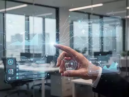 Eine Hand interagiert mit einer holografischen Benutzeroberfläche, die Reisedaten und Finanzinformationen in einem modernen Büro anzeigt. - Foto: über boerse-global.de