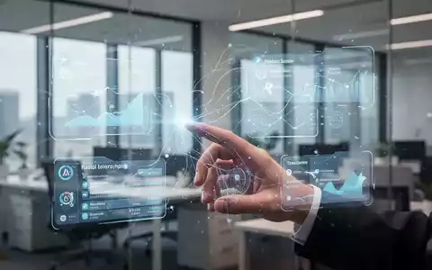 Eine Hand interagiert mit einer holografischen Benutzeroberfläche, die Reisedaten und Finanzinformationen in einem modernen Büro anzeigt. - Foto: über boerse-global.de