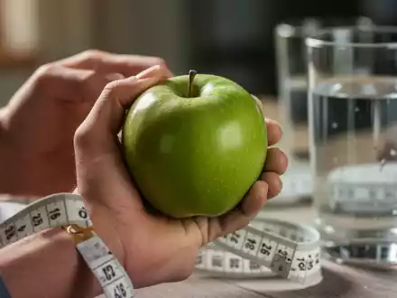 Eine Hand hält einen grünen Apfel, im Hintergrund verschwommen ein Maßband und ein Glas Wasser. - Foto: über boerse-global.de