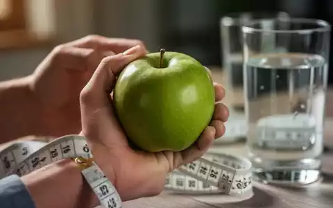 Eine Hand hält einen grünen Apfel, im Hintergrund verschwommen ein Maßband und ein Glas Wasser. - Foto: über boerse-global.de