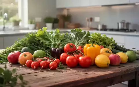 Nahaufnahme von frischem Obst und Gemüse auf einem Holztisch, das nachhaltige Ernährung und Ressourceneffizienz symbolisiert. - Foto: über boerse-global.de