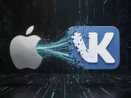 Digitaldarstellung des Apple-Logos, das sich mit dem VKontakte (VK)-Logo überschneidet, mit Binärcode dazwischen, auf dunklem Hintergrund. - Foto: über boerse-global.de