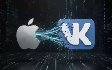 Digitaldarstellung des Apple-Logos, das sich mit dem VKontakte (VK)-Logo überschneidet, mit Binärcode dazwischen, auf dunklem Hintergrund. - Foto: über boerse-global.de