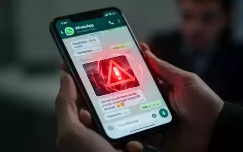 Ein Smartphone-Bildschirm zeigt eine WhatsApp-Nachricht mit einem roten Warnsymbol auf einem Dateianhang, der eine Cyberbedrohung darstellt. - Foto: über boerse-global.de
