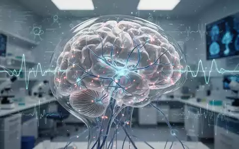 Nahaufnahme eines transparenten Gehirnmodells mit leuchtenden neuronalen Pfaden und digitalen Datenströmen in einem Labor. - Foto: über boerse-global.de