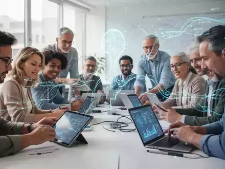 Erwachsene lernen in einem modernen Klassenzimmer, nutzen Tablets und Laptops, mit subtilen holografischen KI-Projektionen. - Foto: über boerse-global.de