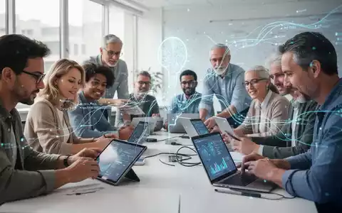 Erwachsene lernen in einem modernen Klassenzimmer, nutzen Tablets und Laptops, mit subtilen holografischen KI-Projektionen. - Foto: über boerse-global.de
