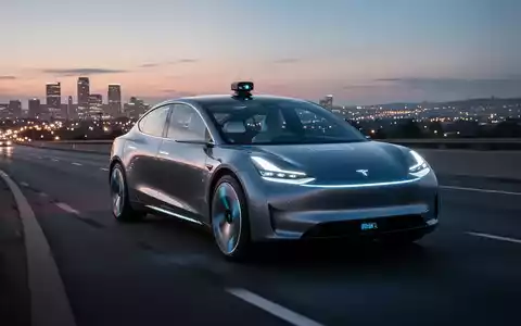 Ein futuristisches autonomes Fahrzeug auf einer Autobahn in der Dämmerung, mit Stadtlichtern in der Ferne. Das Auto zeigt dezente Sensortechnologie. - Foto: über boerse-global.de