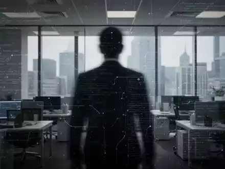 Eine verschwommene menschliche Silhouette in einem Büro, überlagert mit digitalen Linien und Code, die Überwachung und KI symbolisieren. - Foto: über boerse-global.de