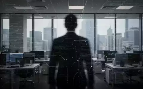 Eine verschwommene menschliche Silhouette in einem Büro, überlagert mit digitalen Linien und Code, die Überwachung und KI symbolisieren. - Foto: über boerse-global.de