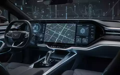 Modernes Auto-Armaturenbrett mit großem Zentralbildschirm, der eine Navigations-App zeigt, was auf fortschrittliche KI-Integration in der Automobiltechnik hindeutet. - Foto: über boerse-global.de