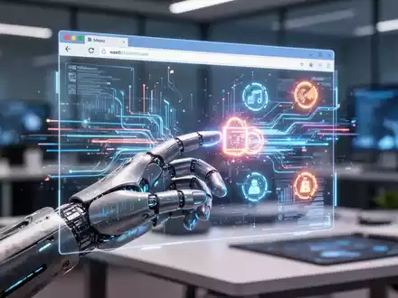 Eine Hand interagiert mit einer holografischen Webbrowser-Oberfläche mit leuchtenden Symbolen und Datenströmen in einem Tech-Arbeitsbereich. - Foto: über boerse-global.de