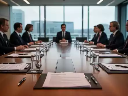 Ein Konferenztisch in einem eleganten Büro, mit unscharfen Silhouetten von Politikern im Hintergrund, die über Steuerreformen beraten. - Foto: über boerse-global.de