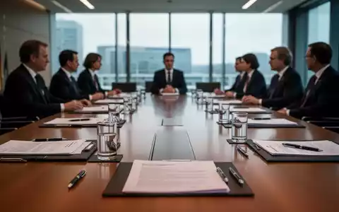 Ein Konferenztisch in einem eleganten Büro, mit unscharfen Silhouetten von Politikern im Hintergrund, die über Steuerreformen beraten. - Foto: über boerse-global.de
