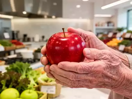 Nahaufnahme der Hände einer älteren Person, die einen roten Apfel halten, mit unscharfem Hintergrund. Symbolisiert gesunde Ernährung im Alter. - Foto: über boerse-global.de