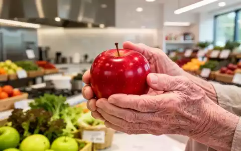 Nahaufnahme der Hände einer älteren Person, die einen roten Apfel halten, mit unscharfem Hintergrund. Symbolisiert gesunde Ernährung im Alter. - Foto: über boerse-global.de