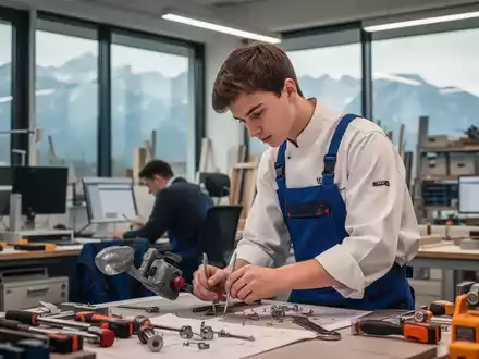 Ein junger Lehrling arbeitet konzentriert in einer modernen Werkstatt oder einem Büro. Die Szene vermittelt Lernen und berufliche Entwicklung. - Foto: über boerse-global.de