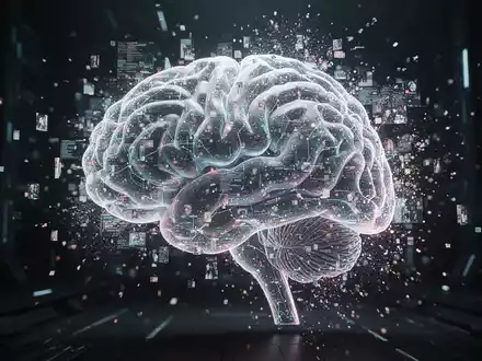 Eine stilisierte Darstellung eines leuchtenden neuronalen Netzes oder KI-Gehirns mit fragmentierten, schimmernden Datenpunkten. - Foto: über boerse-global.de