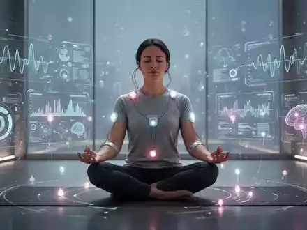 Eine Person meditiert in einer modernen, ruhigen Umgebung, umgeben von digitalen Schnittstellen und Biofeedback-Sensoren. - Foto: über boerse-global.de