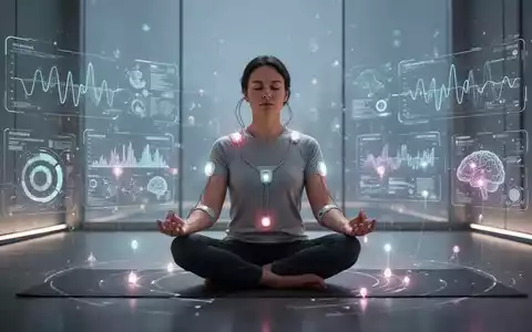 Eine Person meditiert in einer modernen, ruhigen Umgebung, umgeben von digitalen Schnittstellen und Biofeedback-Sensoren. - Foto: über boerse-global.de
