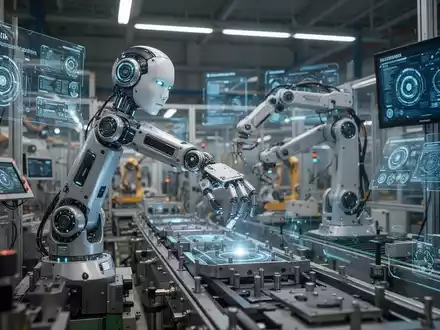 Ein humanoider Roboterarm montiert präzise Bauteile an einer futuristischen Produktionslinie in einer hell erleuchteten deutschen Fabrik. - Foto: über boerse-global.de