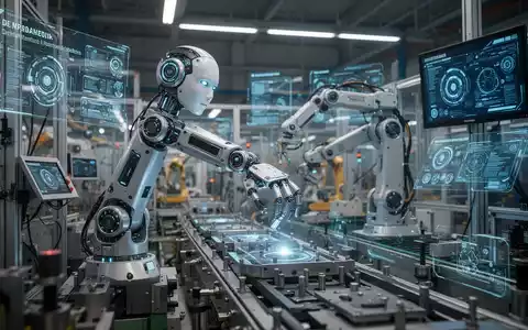 Ein humanoider Roboterarm montiert präzise Bauteile an einer futuristischen Produktionslinie in einer hell erleuchteten deutschen Fabrik. - Foto: über boerse-global.de