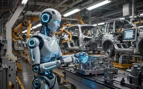 Humanoider Roboter mit blauen Leuchtelementen an einer Auto-Fertigungsstraße in einer modernen Fabrik. - Foto: über boerse-global.de
