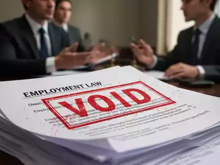 Ein Stapel von Rechtsdokumenten mit einem roten 'VOID'-Stempel, der Text zum Arbeitsrecht teilweise verdeckt. - Foto: über boerse-global.de