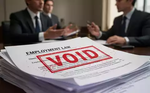 Ein Stapel von Rechtsdokumenten mit einem roten 'VOID'-Stempel, der Text zum Arbeitsrecht teilweise verdeckt. - Foto: über boerse-global.de