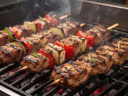 Nahaufnahme von kreativ zubereitetem Grillgut wie Spießen oder ungewöhnlichen BBQ-Gerichten auf einem professionellen Grill. - Foto: über boerse-global.de