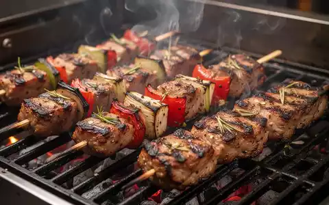 Nahaufnahme von kreativ zubereitetem Grillgut wie Spießen oder ungewöhnlichen BBQ-Gerichten auf einem professionellen Grill. - Foto: über boerse-global.de