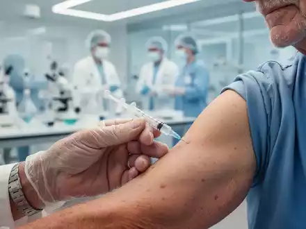 Nahaufnahme eines Arms, der eine Impfung erhält, mit verschwommenem Hintergrund von medizinischem Personal in einem Labor. - Foto: über boerse-global.de