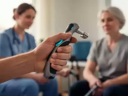Eine Nahaufnahme einer Hand, die ein Therapiewerkzeug hält, im Hintergrund verschwommen ein Therapeut und ein Patient. - Foto: über boerse-global.de